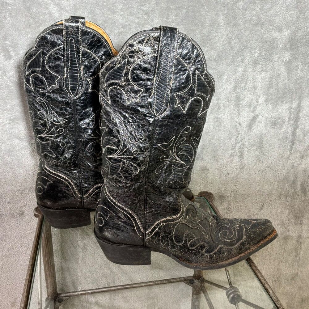 J.B. Dillon Women’s 8B Genuine GOAT Black Distressed Cowboy Boots Embroidered